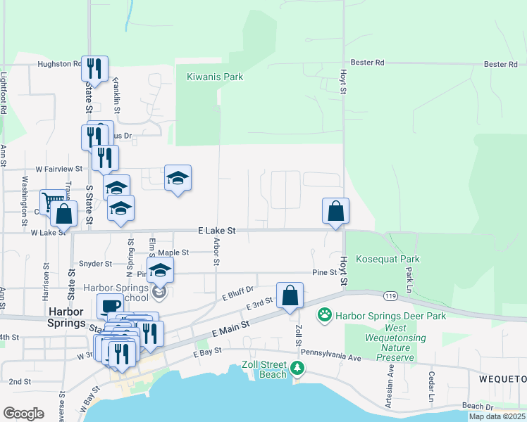 map of restaurants, bars, coffee shops, grocery stores, and more near 183 Windmere Pines Court in Harbor Springs