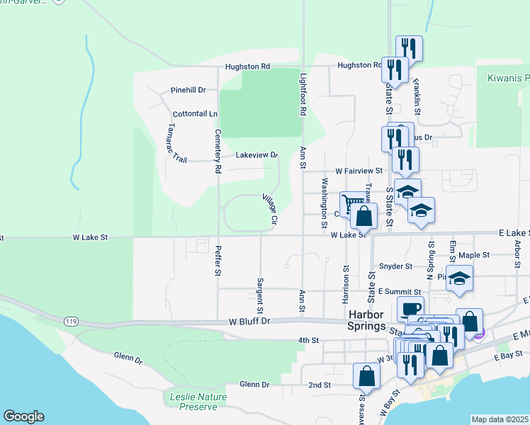 map of restaurants, bars, coffee shops, grocery stores, and more near 4143 Village Circle in Harbor Springs