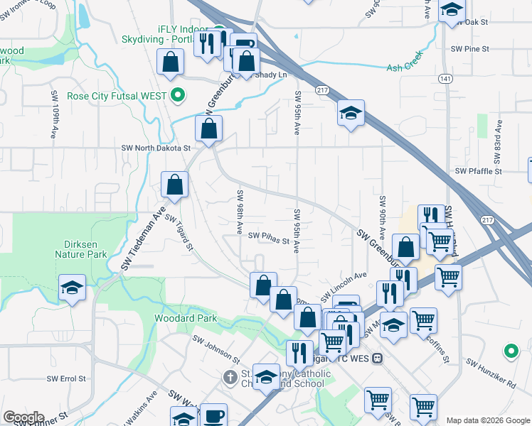 map of restaurants, bars, coffee shops, grocery stores, and more near 11477 Southwest Greenburg Road in Tigard