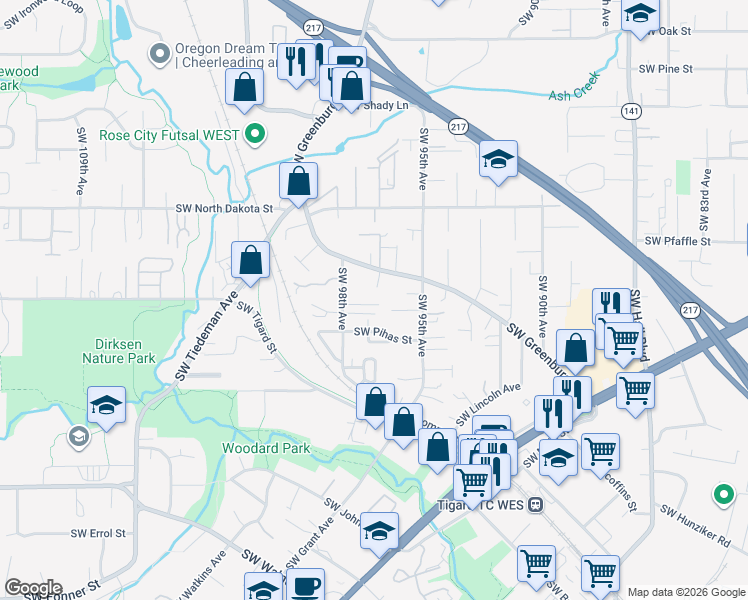 map of restaurants, bars, coffee shops, grocery stores, and more near 11477 Southwest Greenburg Road in Tigard