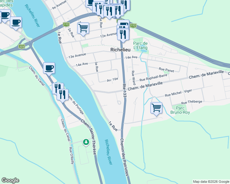 map of restaurants, bars, coffee shops, grocery stores, and more near 239 Chemin de Marieville in Richelieu