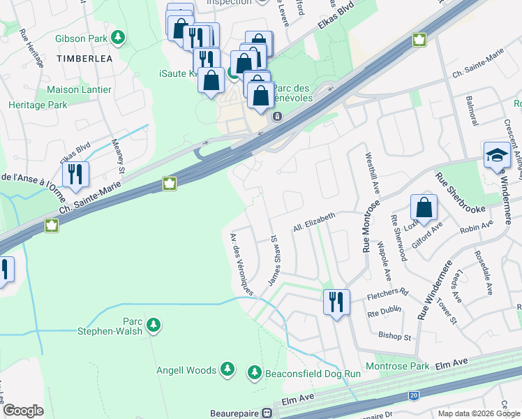 map of restaurants, bars, coffee shops, grocery stores, and more near 342 Rue James Shaw in Beaconsfield