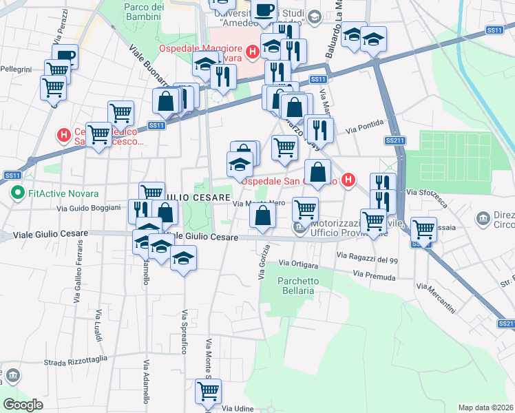 map of restaurants, bars, coffee shops, grocery stores, and more near 9-11 Via Monte Nero in Novara