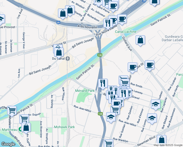 map of restaurants, bars, coffee shops, grocery stores, and more near 9630 Rue Saint-Patrick in Montréal