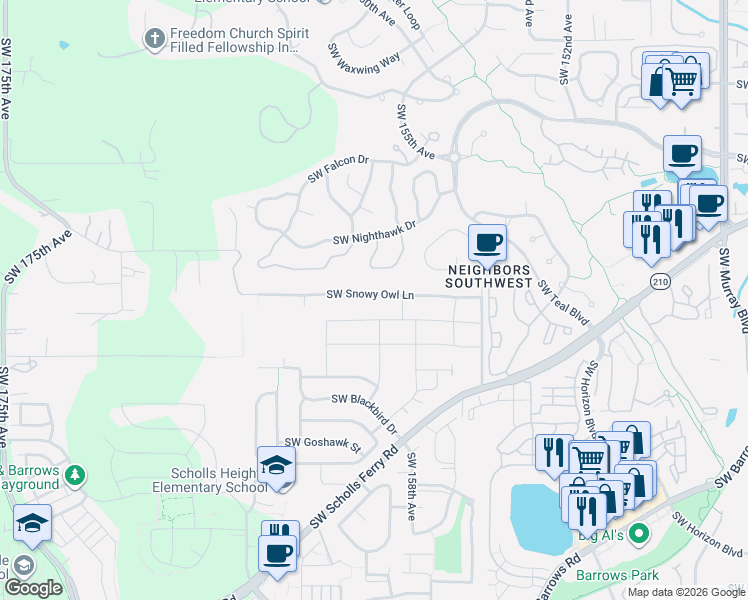 map of restaurants, bars, coffee shops, grocery stores, and more near 15940 Southwest Snowy Owl Lane in Beaverton