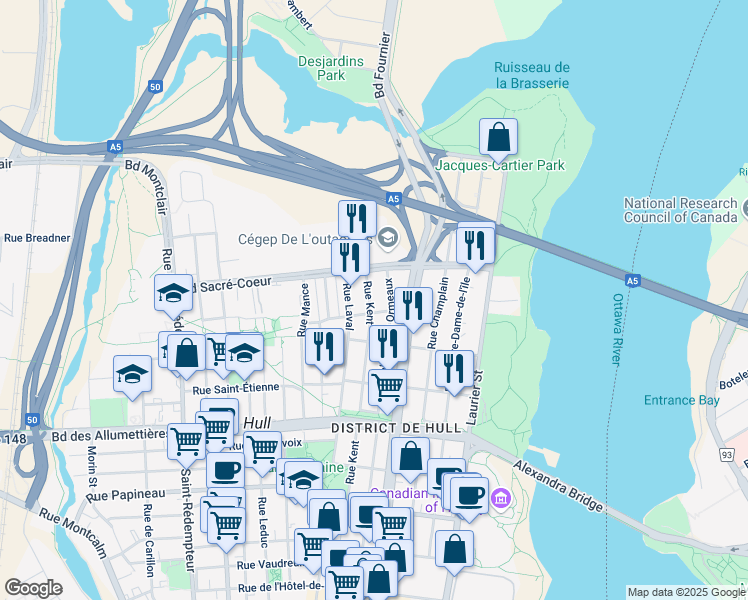 map of restaurants, bars, coffee shops, grocery stores, and more near 214 Rue Kent in Gatineau