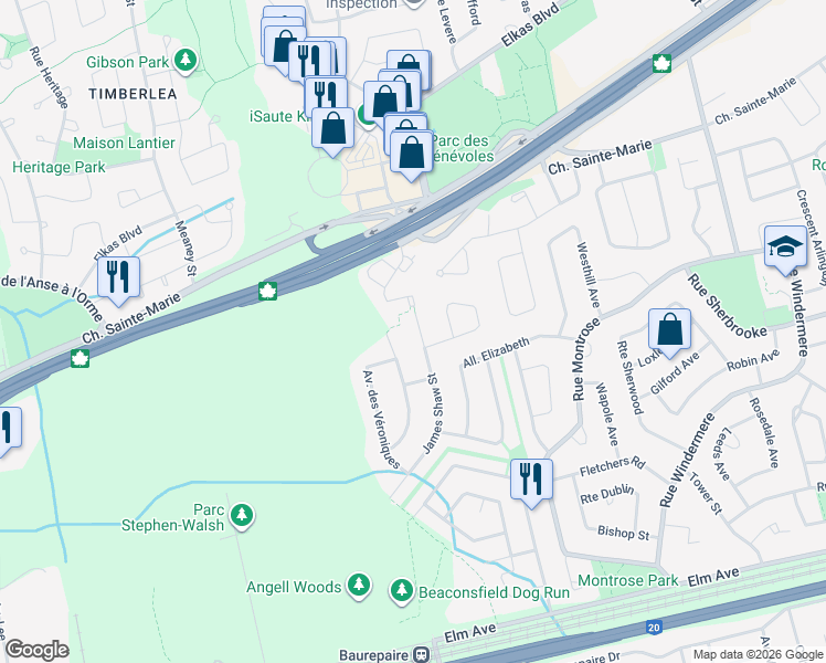 map of restaurants, bars, coffee shops, grocery stores, and more near 342 Rue James Shaw in Beaconsfield