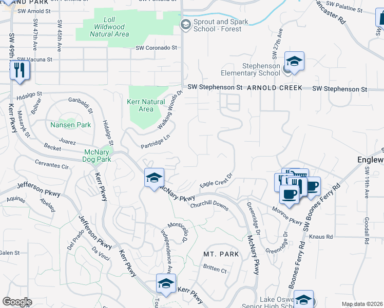 map of restaurants, bars, coffee shops, grocery stores, and more near 12329 Southwest 34th Avenue in Portland