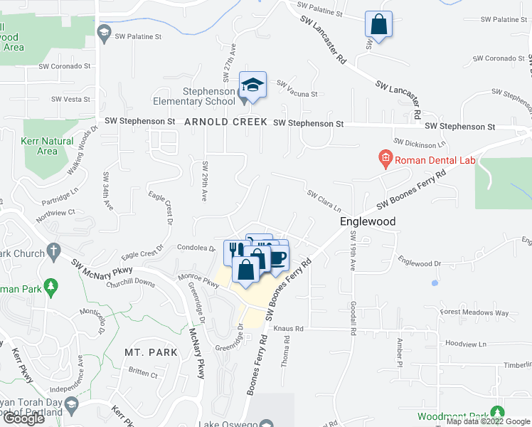 map of restaurants, bars, coffee shops, grocery stores, and more near 12346 Southwest Orchard Hill Road in Lake Oswego