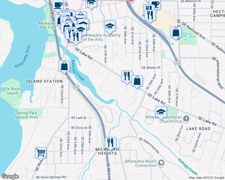 map of restaurants, bars, coffee shops, grocery stores, and more near 2892 Southeast Lake Road in Milwaukie