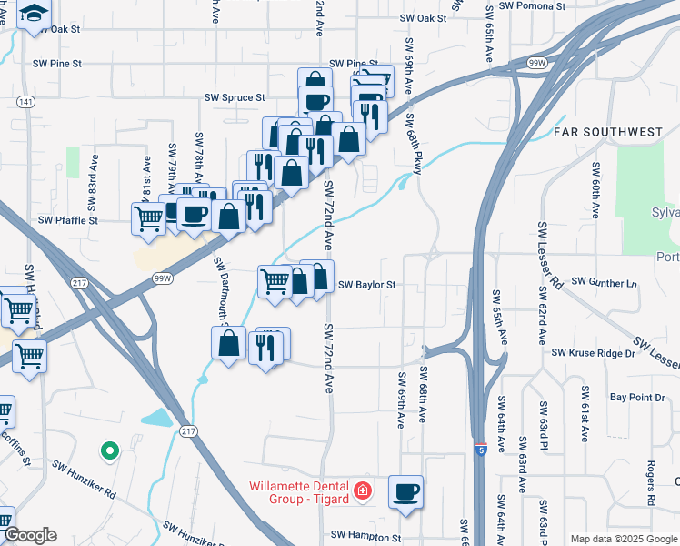 map of restaurants, bars, coffee shops, grocery stores, and more near 11580 Southwest 72nd Avenue in Tigard