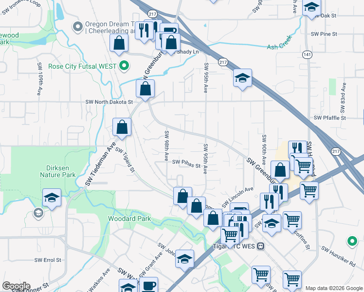map of restaurants, bars, coffee shops, grocery stores, and more near 11477 Southwest Greenburg Road in Tigard