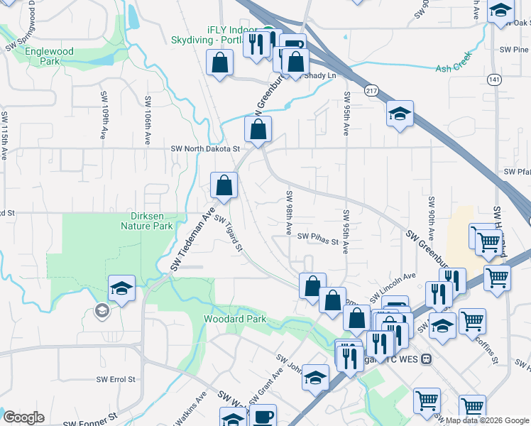 map of restaurants, bars, coffee shops, grocery stores, and more near 9957 Southwest Scott Court in Portland