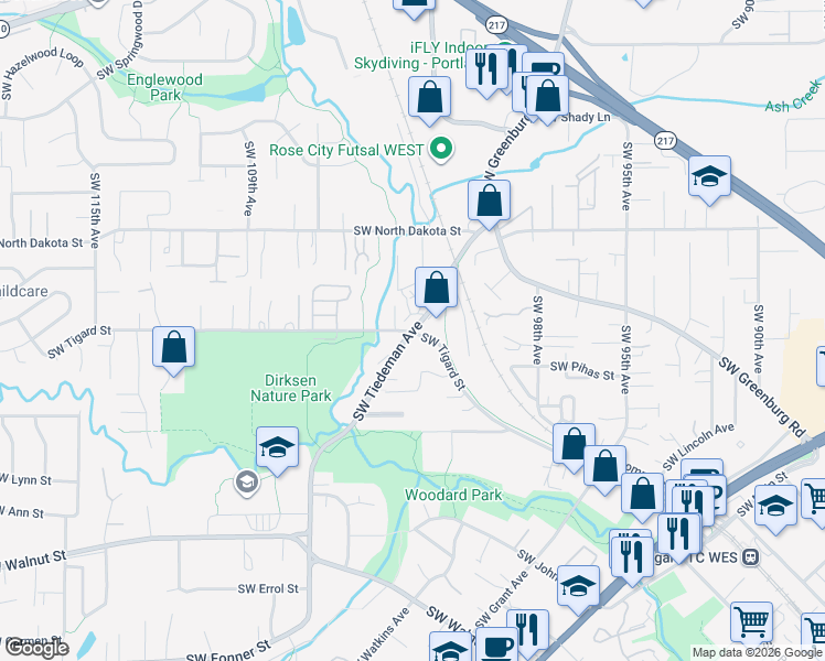 map of restaurants, bars, coffee shops, grocery stores, and more near 11536 Southwest Tiedeman Avenue in Portland