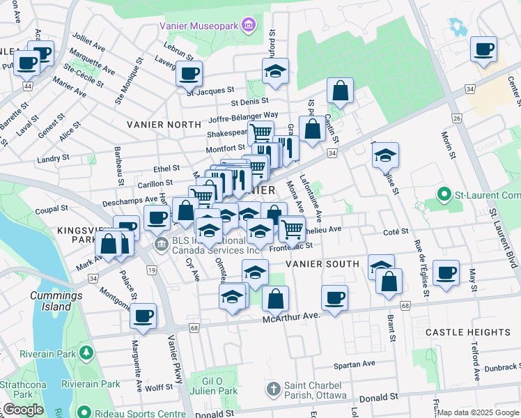 map of restaurants, bars, coffee shops, grocery stores, and more near in Ottawa