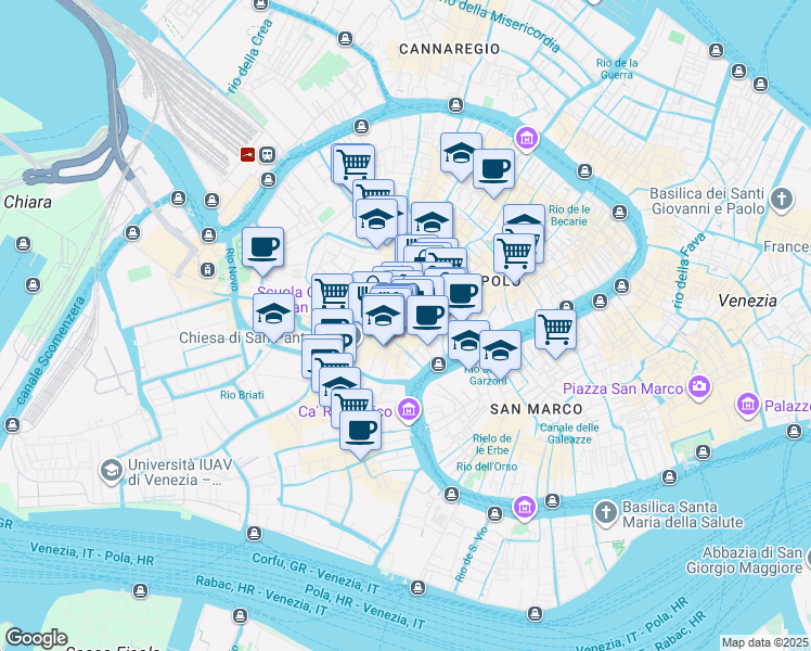map of restaurants, bars, coffee shops, grocery stores, and more near in Venezia