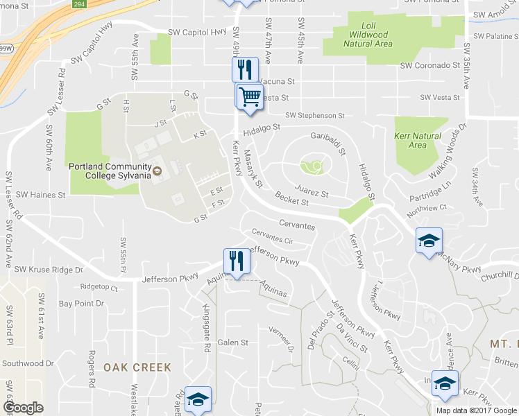 map of restaurants, bars, coffee shops, grocery stores, and more near 289 Cervantes in Lake Oswego