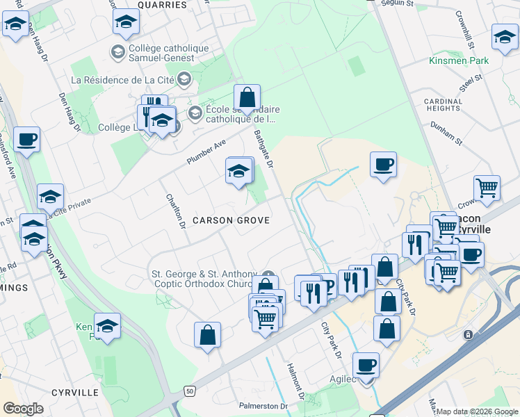 map of restaurants, bars, coffee shops, grocery stores, and more near 1420 Matheson Road in Ottawa