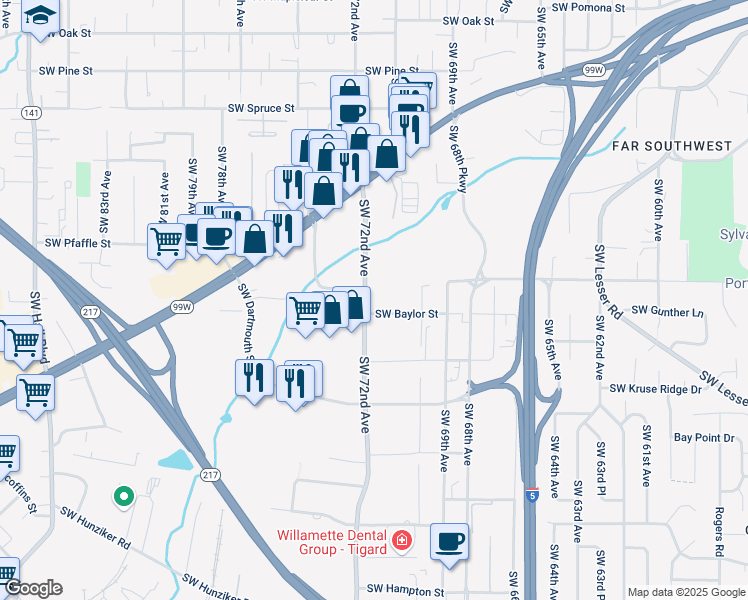 map of restaurants, bars, coffee shops, grocery stores, and more near 11580 Southwest 72nd Avenue in Tigard