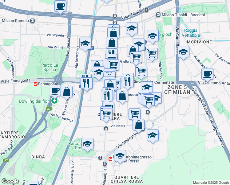 map of restaurants, bars, coffee shops, grocery stores, and more near 5 Via Lodovico Montegani in Milan