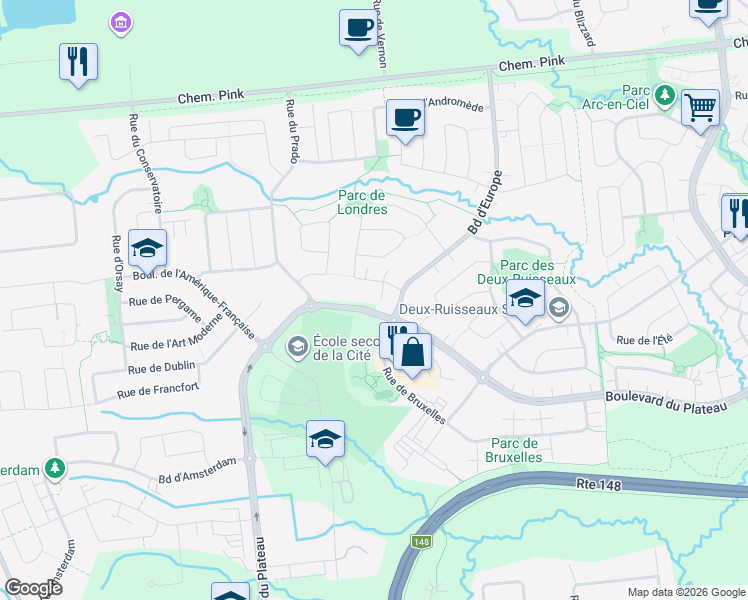 map of restaurants, bars, coffee shops, grocery stores, and more near 150 Rue de Londres in Gatineau