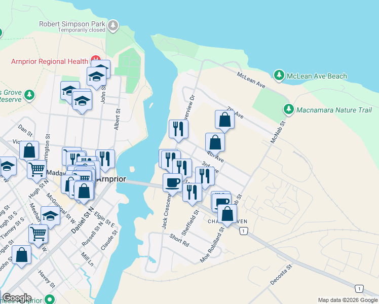 map of restaurants, bars, coffee shops, grocery stores, and more near 76 Bridge Street in Arnprior
