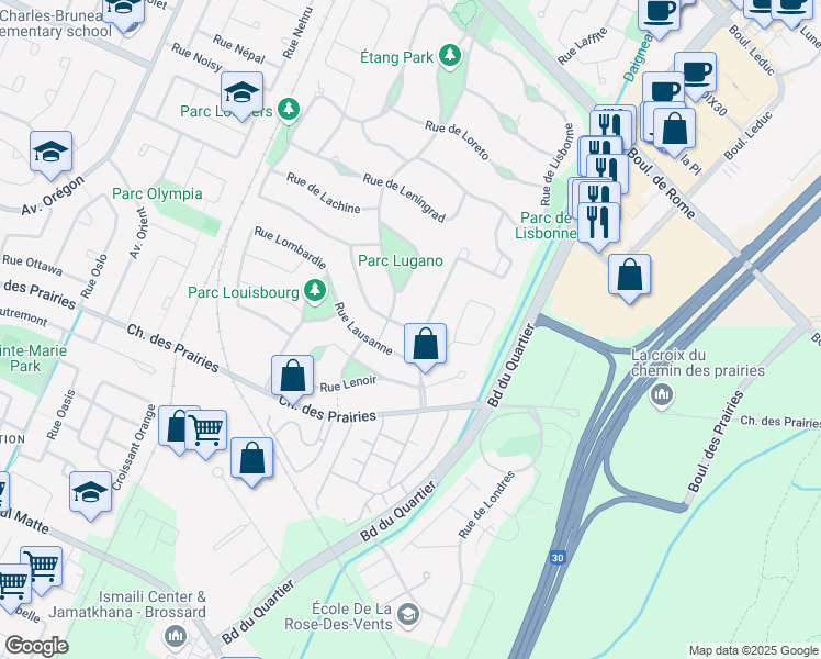 map of restaurants, bars, coffee shops, grocery stores, and more near 7765 Rue de Liverpool in Brossard