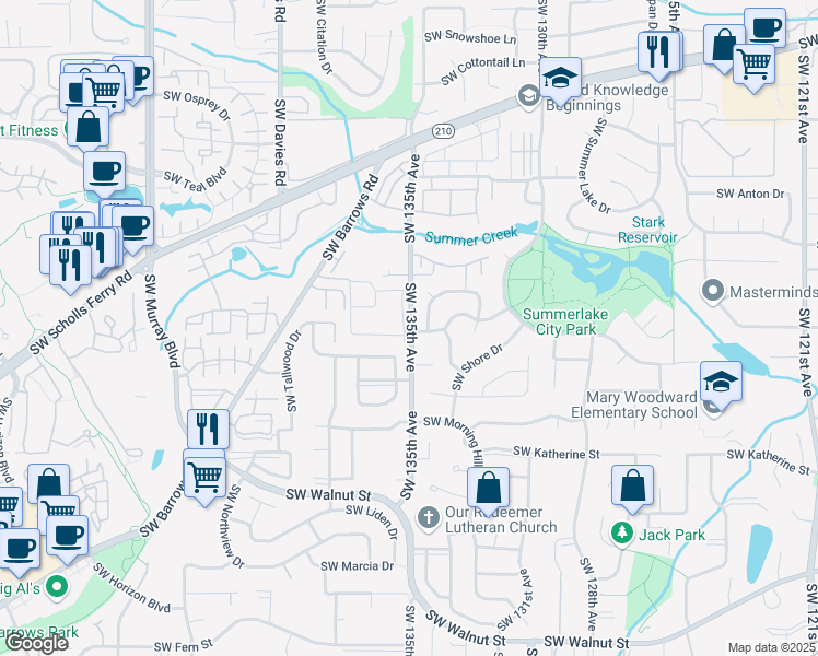 map of restaurants, bars, coffee shops, grocery stores, and more near 11563 Southwest 135th Avenue in Portland