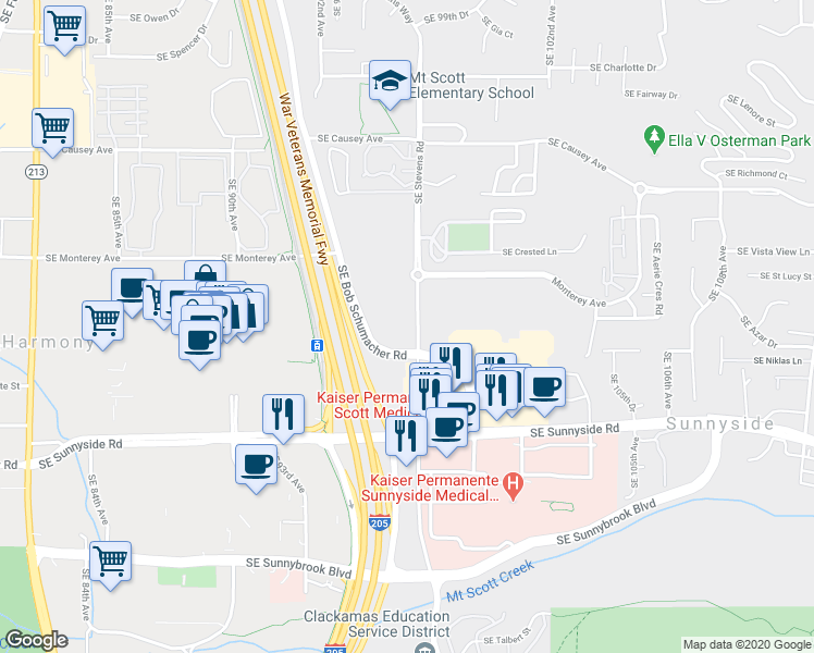 map of restaurants, bars, coffee shops, grocery stores, and more near 12025 Southeast Stevens Road in Happy Valley