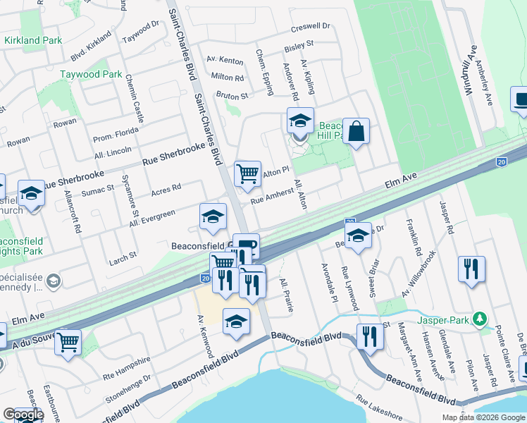 map of restaurants, bars, coffee shops, grocery stores, and more near in Beaconsfield