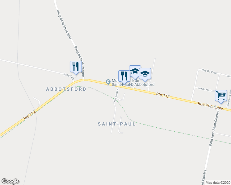 map of restaurants, bars, coffee shops, grocery stores, and more near 18 Rue Codaire in Saint-Paul-d'Abbotsford