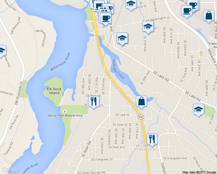 map of restaurants, bars, coffee shops, grocery stores, and more near 12101 Southeast River Road in Milwaukie