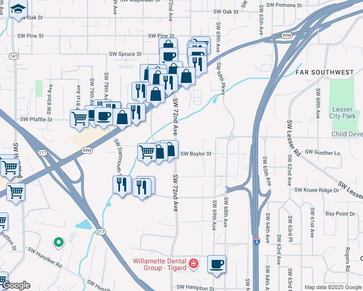 map of restaurants, bars, coffee shops, grocery stores, and more near 11580 Southwest 72nd Avenue in Tigard