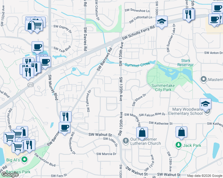 map of restaurants, bars, coffee shops, grocery stores, and more near 11563 Southwest 135th Avenue in Portland