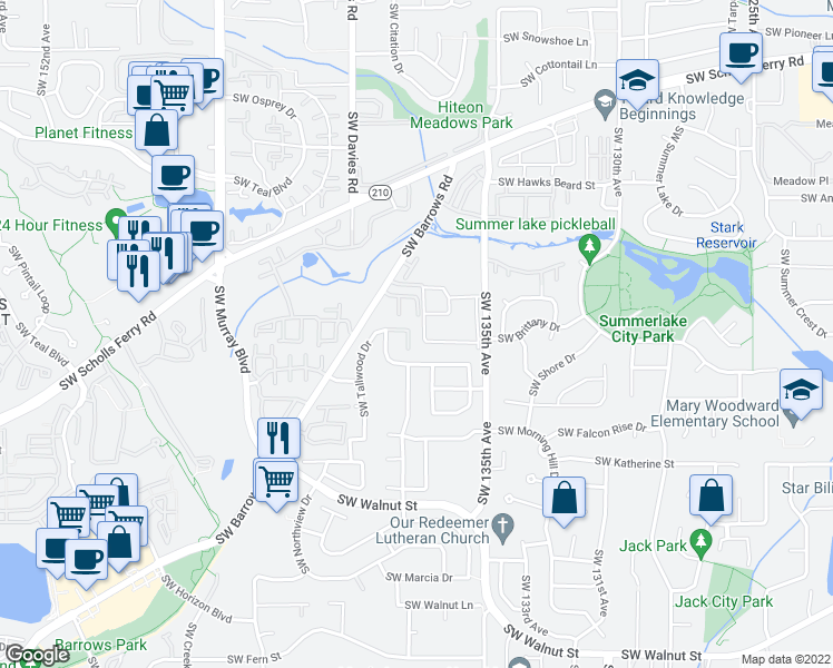 map of restaurants, bars, coffee shops, grocery stores, and more near 11566 Southwest Wood Duck Place in Portland