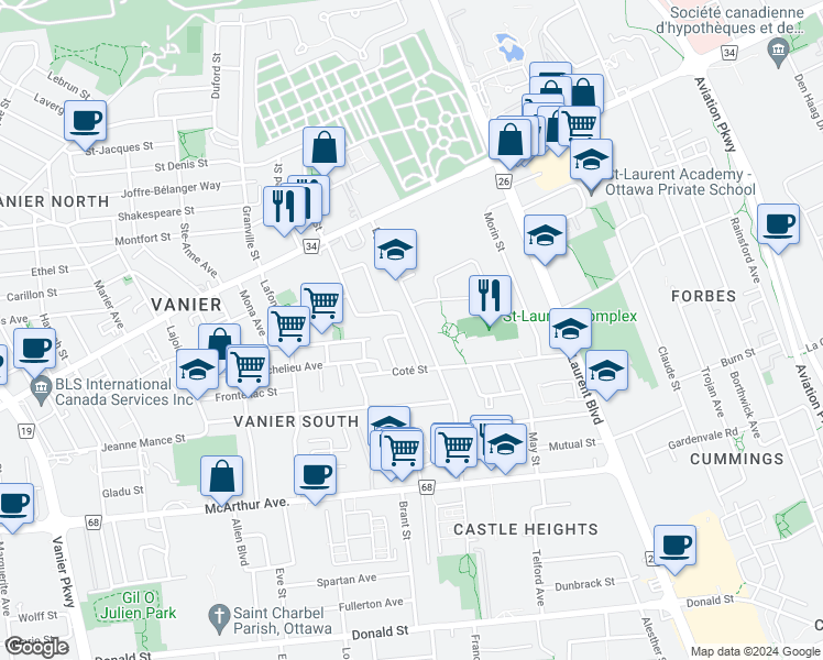 map of restaurants, bars, coffee shops, grocery stores, and more near in Ottawa