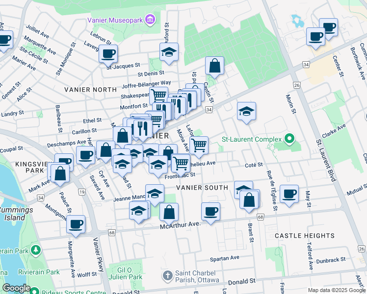 map of restaurants, bars, coffee shops, grocery stores, and more near in Ottawa