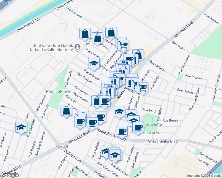 map of restaurants, bars, coffee shops, grocery stores, and more near 8080 Rue Juliette in Montreal