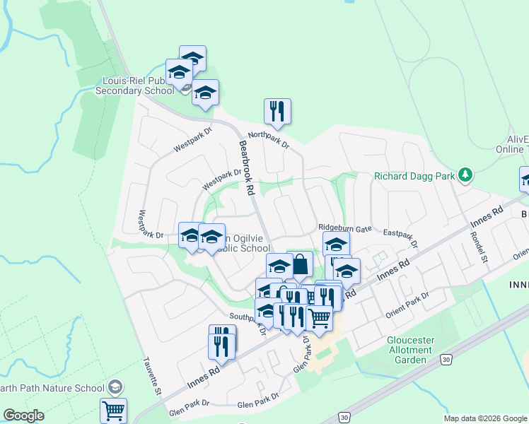 map of restaurants, bars, coffee shops, grocery stores, and more near 57 Bearbrook Road in Ottawa