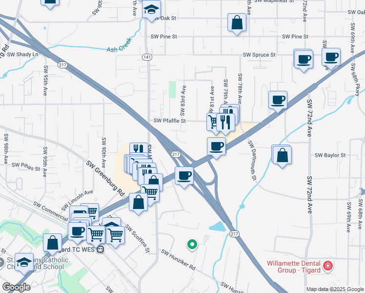 map of restaurants, bars, coffee shops, grocery stores, and more near 8286 Southwest Pfaffle Street in Tigard