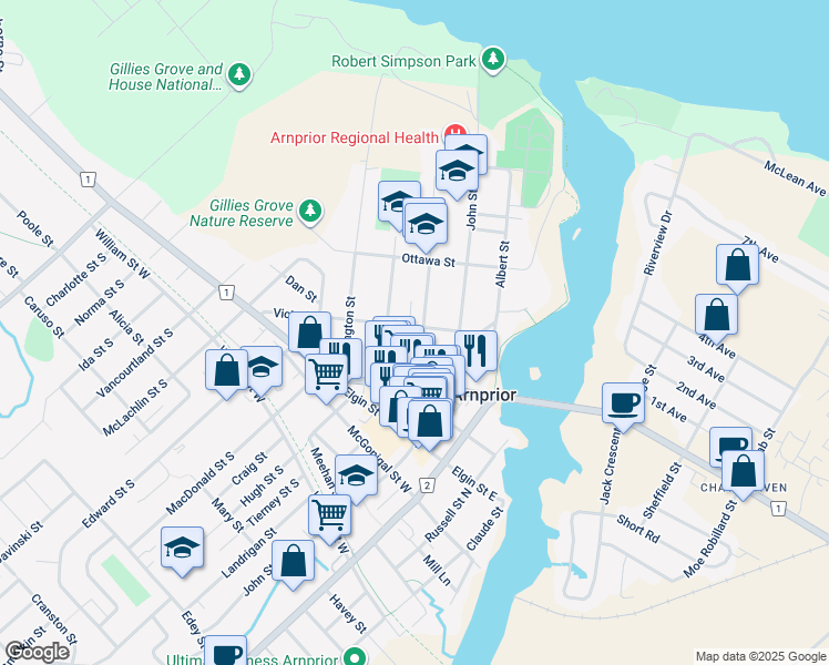 map of restaurants, bars, coffee shops, grocery stores, and more near 60 Victoria Street in Arnprior