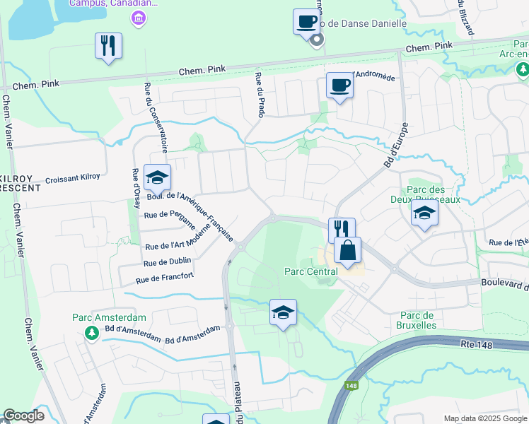 map of restaurants, bars, coffee shops, grocery stores, and more near 160 Rue du Prado in Gatineau
