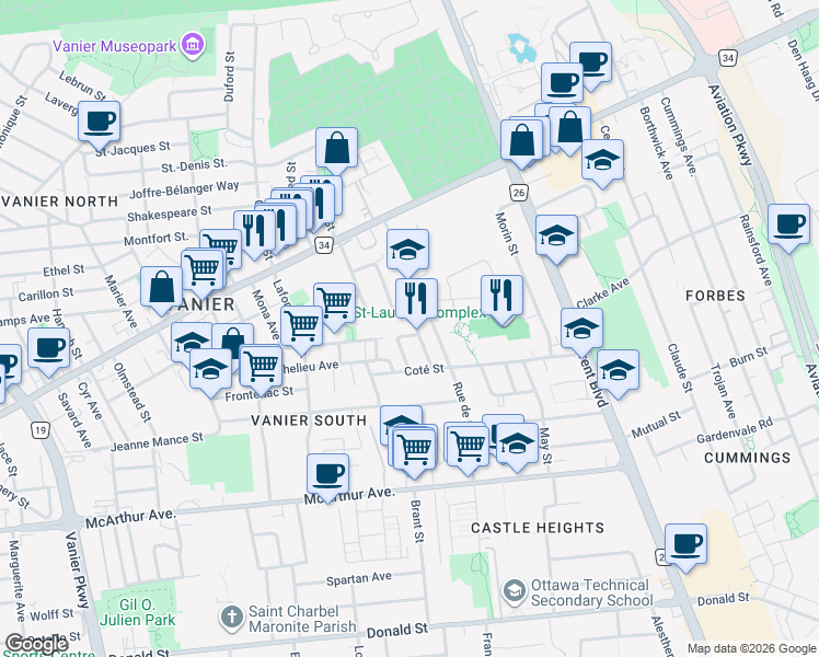 map of restaurants, bars, coffee shops, grocery stores, and more near 694 Morgan Street in Ottawa