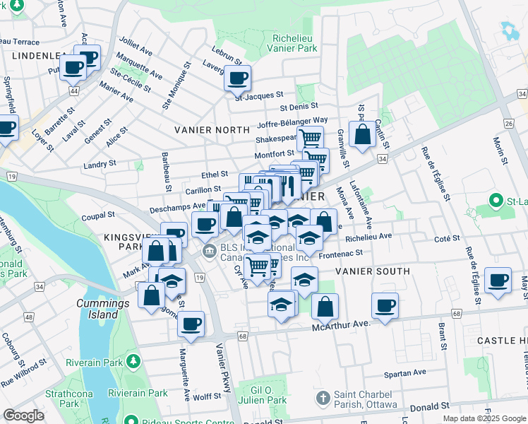 map of restaurants, bars, coffee shops, grocery stores, and more near 273a Marier Avenue in Ottawa