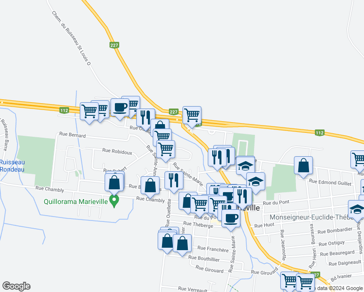 map of restaurants, bars, coffee shops, grocery stores, and more near 1109 Rue Gladu in Marieville