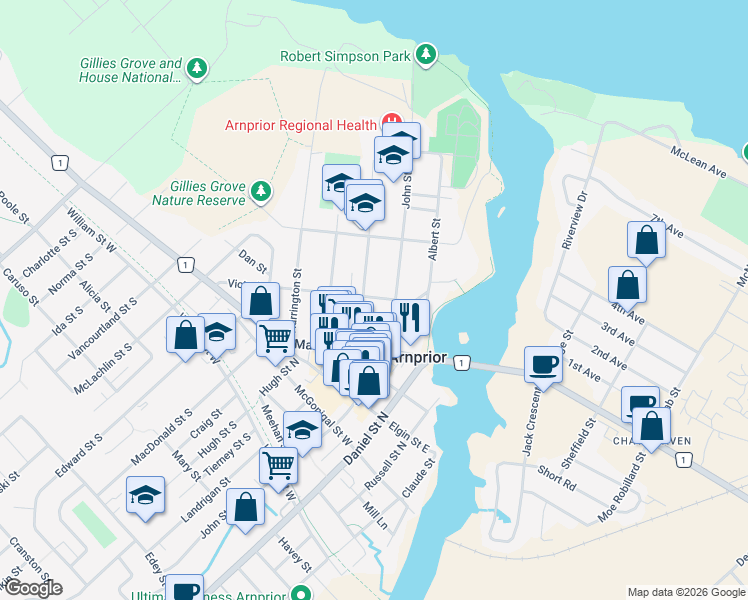 map of restaurants, bars, coffee shops, grocery stores, and more near 52 Victoria Street in Arnprior