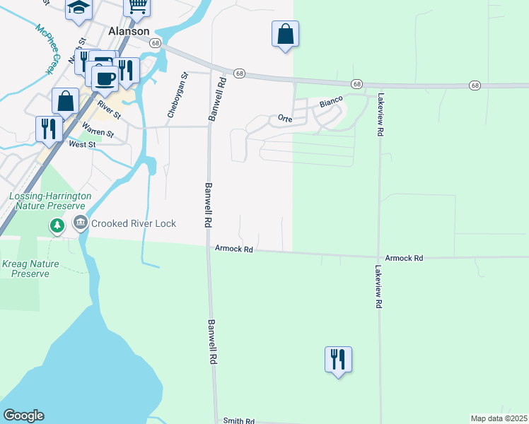 map of restaurants, bars, coffee shops, grocery stores, and more near 7907 East Winding Pine Court in Alanson