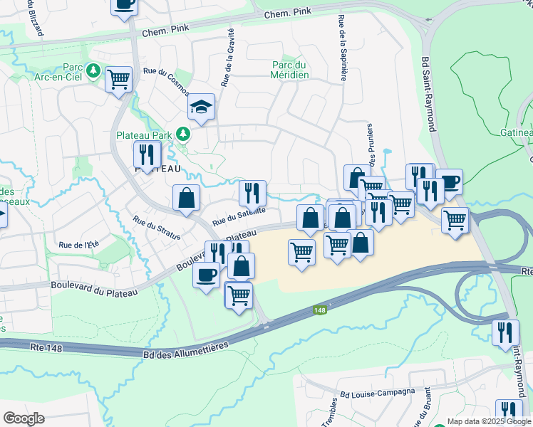 map of restaurants, bars, coffee shops, grocery stores, and more near 21 Rue du Satellite in Gatineau
