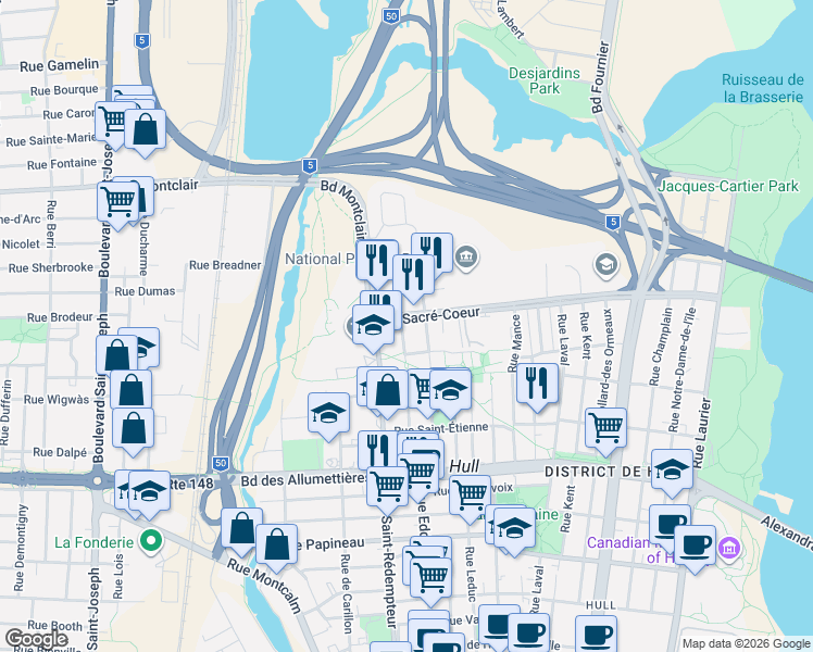 map of restaurants, bars, coffee shops, grocery stores, and more near 20 Boulevard Sacré-Coeur in Gatineau