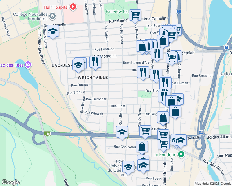 map of restaurants, bars, coffee shops, grocery stores, and more near 139 Rue Brodeur in Gatineau